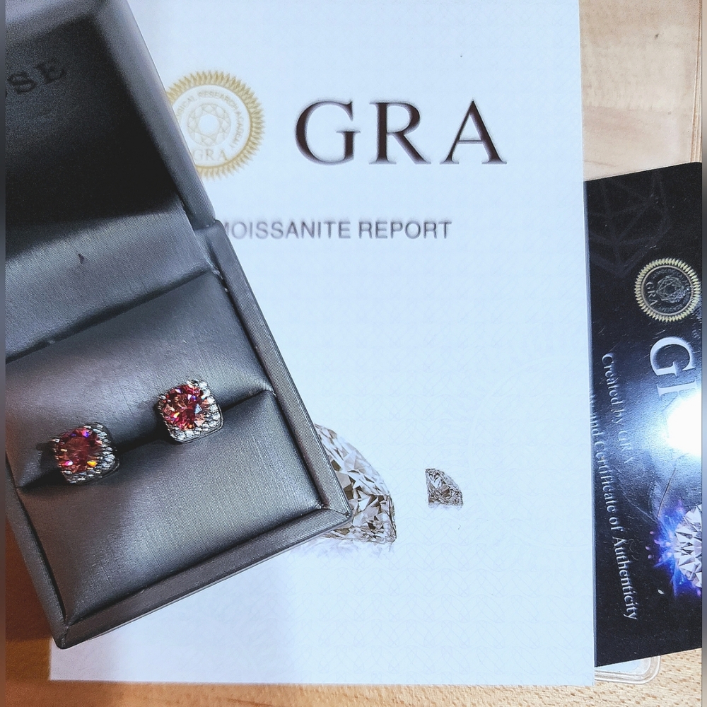 Certified 2ctw Rose Red Moissanite Halo Stud Earrings
